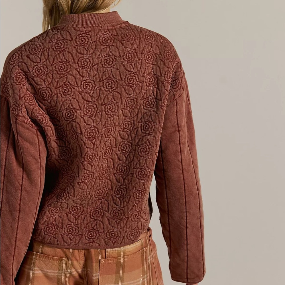 $385 FREE PEOPLE Rose Brown Quilted Sweatshirt Cinammon Bomber Jacket S - Picture 6 of 11